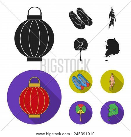 Healing Root, Korean Flashlight, National Shoes, Multi-colored Fan. South Korea Set Collection Icons