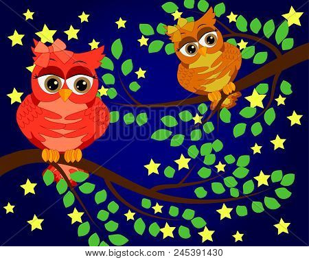 Good Night And Sweet Dreams.night Scene With Moon, Stars And Owl.owl On The Branch.moon Made From St