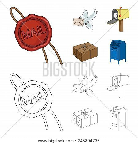 Wax Seal, Postal Pigeon With Envelope, Mail Box And Parcel.mail And Postman Set Collection Icons In 