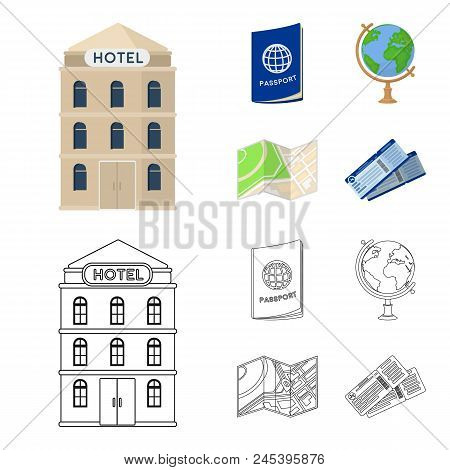 Vacation, Travel, Passport, Globe .rest And Travel Set Collection Icons In Cartoon, Outline Style Ve