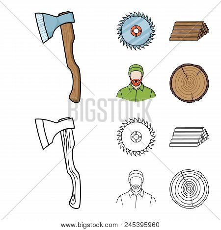 Circular Saw, A Working Carpenter, A Stack Of Logs. A Sawmill And Timber Set Collection Icons In Car