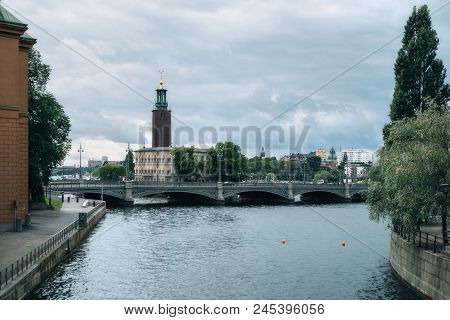 View At Stockholm Old City. Gamlastan In Stockholm, Sweden. Dramatic Clouds In The Sky.