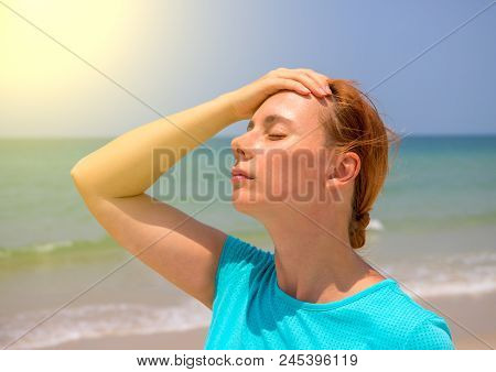 Tropical Beach Sun Threat For Health. Woman On Hot Beach With Sunstroke. Health Problem On Holiday. 