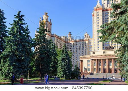 Moscow, Russia - June 02, 2018: Walking People On A Park Near Main Building Of Moscow State Universi
