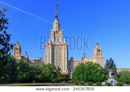Moscow, Russia - June 02, 2018: Building Of Moscow State University (msu) Against Monument To Lomono