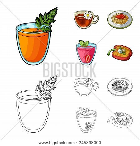 Carrot Juice In A Glass, Chamomile Tea In A Cup, Porridge On A Plate, Strawberry Juice In A Glass Wi
