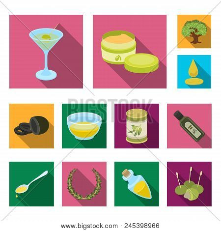 Olive, Food Flat Icons In Set Collection For Design. Olive Oil, Seasoning Vector Symbol Stock  Illus