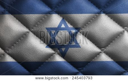 Flag Of Israel On Leather Texture Background Close Up .
