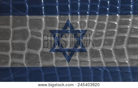 Flag Of Israel On A Snake Skin Leather Texture Background Close Up .