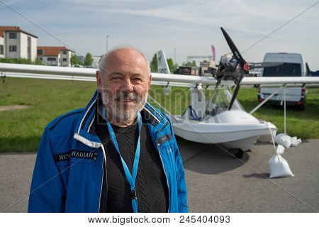 Berlin - April 27, 2018: Pilot And Owner Of Ultralight And Light-sport Amphibious Flying Boat Fly Sy