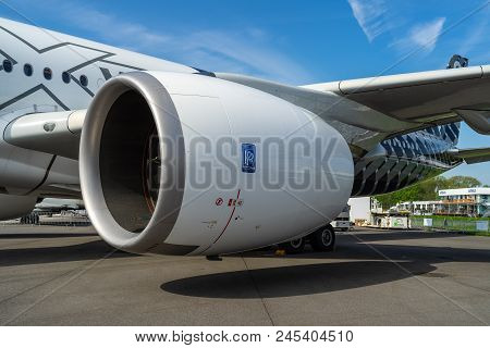 Berlin - April 27, 2018: Turbofan Engine Of The Airbus A350-900 Xwb. Exhibition Ila Berlin Air Show 