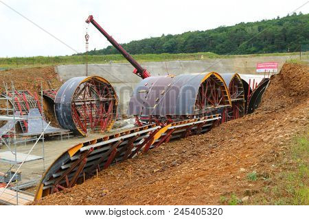 PILSEN / CZECH REPUBLIC - JUNE 14, 2018: Tunnel boring machine at railroad construction site. Building of new high speed track to Germany.
