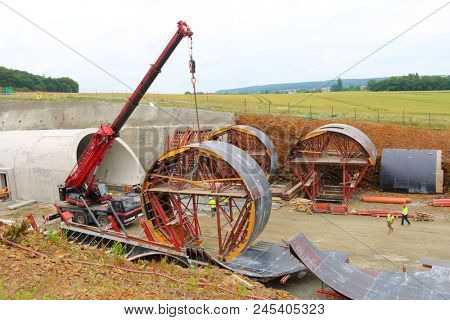 PILSEN / CZECH REPUBLIC - JUNE 14, 2018: Tunnel boring machine at railroad construction site. Building of new high speed track to Germany.

