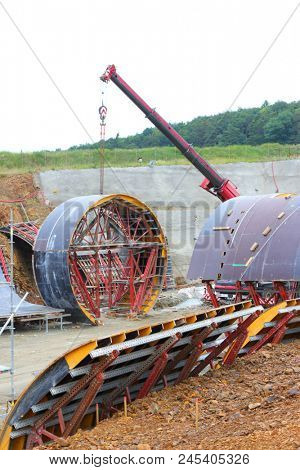 PILSEN / CZECH REPUBLIC - JUNE 14, 2018: Tunnel boring machine at railroad construction site. Building of new high speed track to Germany.
