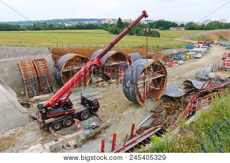 PILSEN / CZECH REPUBLIC - JUNE 14, 2018: Tunnel boring machine at railroad construction site. Building of new high speed track to Germany.
