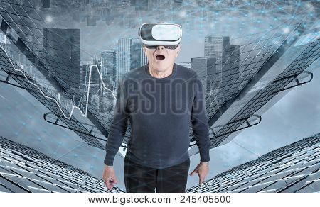 A Very Surprised Old Man In Vr Headset Against A City Buildings Background.
