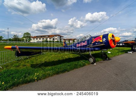 Berlin - April 27, 2018: A Single-engined Advanced Trainer Aircraft North American T-6 Texan On The 