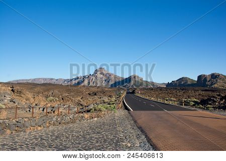 Mountain Road In Teide National Park On The Way To Telerifico Cable Car. Tenerife, Canary Islands.