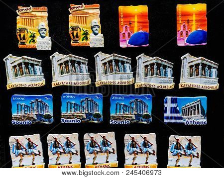 Athens, Greece - March 5, 2018 Greek Ceramic Designs Parthenon Locations Places Magnets Athens Greec