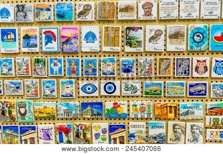 Athens, Greece - March 5, 2018 Greek Ceramic Designs Magnets Parthenon Athens Greece.  Different Loc