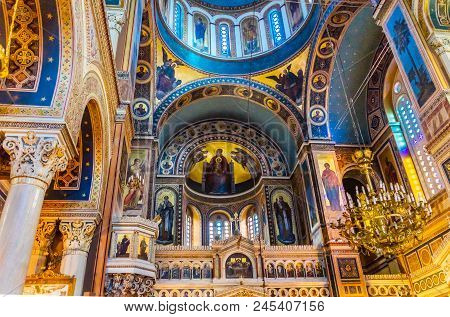 Athens, Greece - March 5, 2018 Metropolitan Basilica Dome Cathedral Athens Greece.  Built In 1842, M