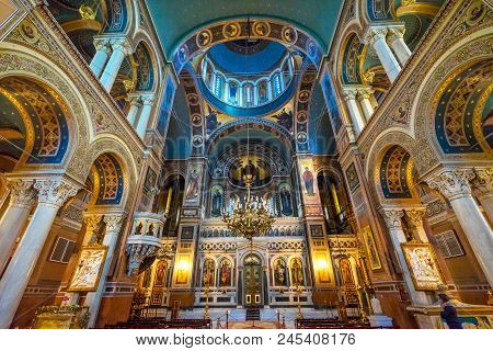 Athens, Greece - March 5, 2018 Metropolitan Basilica Dome Cathedral Athens Greece.  Built In 1842, M
