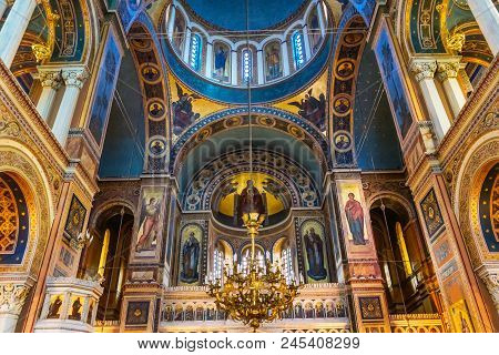 Athens, Greece - March 5, 2018 Metropolitan Basilica Dome Cathedral Athens Greece.  Built In 1842, M