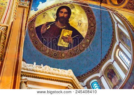 Athens, Greece - March 5, 2018 Metropolitan Basilica Chrrist Dome Cathedral Athens Greece.  Built In