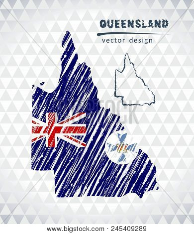 Queensland Vector Map With Flag Inside Isolated On A White Background. Sketch Chalk Hand Drawn Illus
