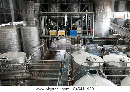 Galil, Israel - May 28, 2018: Stainless Steel Tanks For Wine Fermentation In The Galil Winery