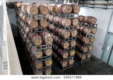 Galil, Israel - May 28, 2018: Drums Of Wine At The Warehouse Of The Galil Winery