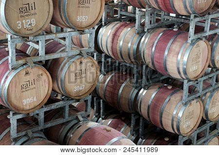 Galil, Israel - May 28, 2018: Drums Of Wine At The Warehouse Of The Galil Winery