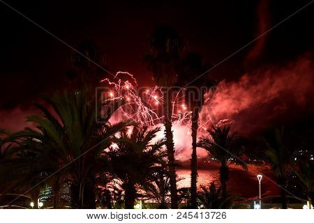 Colorful Firework And Salute In A Night Sky At A Seacoast.