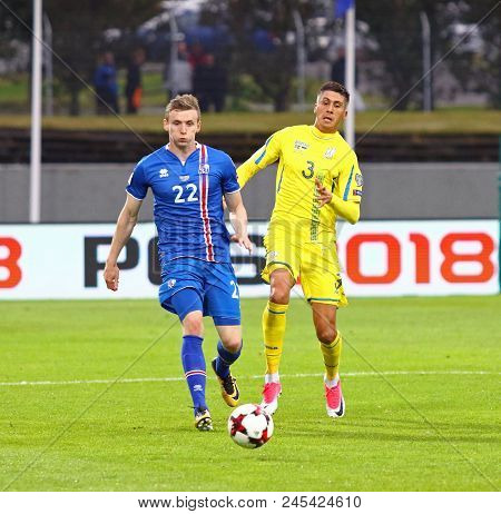 Reykjavik, Iceland - September 5, 2017: Jon Dadi Bodvarsson Of Iceland (l) Fights For A Ball With Ye