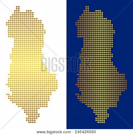 Gold Colored Dotted Albania Map. Vector Geographical Maps In Bright Colors With Vertical And Horizon