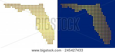 Gold Colored Dot Florida Map. Vector Geographical Maps In Luxury Colors With Vertical And Horizontal