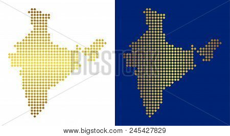 Gold Colored Rhombic India Map. Vector Territory Maps In Bright Colors With Vertical And Horizontal 