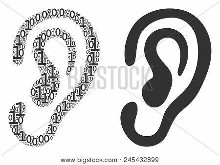 Ear Mosaic Icon Of One And Zero Digits In Randomized Sizes. Vector Digit Symbols Are Composed Into E