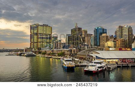 Sydney, Australia - May 22, 2017: View Of Sydney Wharf On Pyrmont Bay. Iconic Barangaroo To Right At