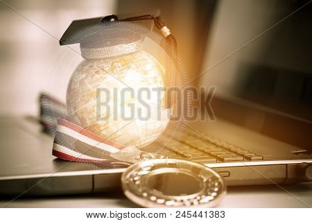 Graduate Study Abroad Concept, Graduation Cap On Top Earth Globe Model Map With Radar Background Wit
