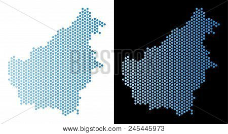 Hexagonal Borneo Island Map. Vector Territory Scheme In Light Blue Color With Horizontal Gradient On