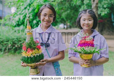 Kanchanaburi Thailand - June 14 : Unidentified Students Decorate Pedestal Tray And Flower For Give T