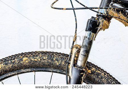 Dirty Bicycle Suspension Fork After Riding In Bad Weather