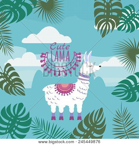 Cute Lamas, Floral Ornament, Background Mountain Landscape