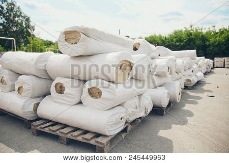 The Texture Of Mineral Wool For Insulating The Walls. Warehouse Of Products Ready For Import