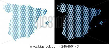 Hexagon Spain Map. Vector Territory Plan In Light Blue Color With Horizontal Gradient On White And B