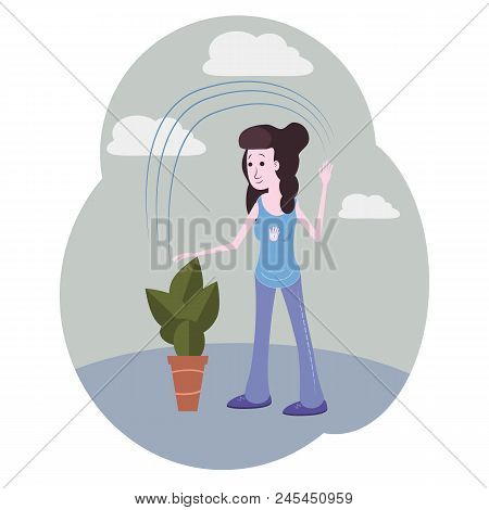 Girl Watering Flowers With Magic, Cartoon Style, Vector