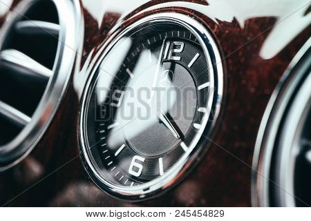 Mercedes Benz S Class Car Interior, Dashboard Clock Macro View.