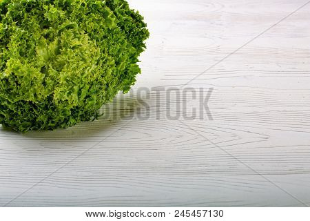 Green Batavia Lettuce Salad On White Wooden Background. Copy Space