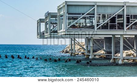 The Old Fishing Boats Are Waving On The Waves. Shipyard  In Limassol, Cyprus,  August 2017